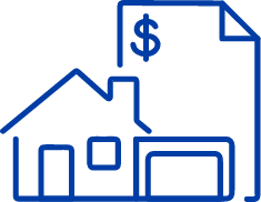 Modrá minimalistická ikona domečku s lupou, skrze lupu je vidět symbol dolaru.