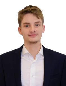 Modrá minimalistická ikona domečku s lupou, skrze lupu je vidět symbol dolaru.